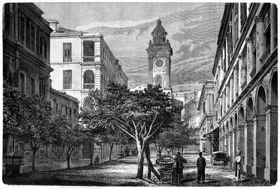 Vista de la Torre del Reloj Histórica de Hong Kong. Grabado según un dibujo de Deroy, en “Le Tour du Monde, Nouveau journal des Voyages”, editado por Edouard Charton, París de Deroy (after)