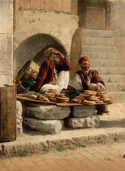 Vendedor de pan de Jerusalén, Tierra Santa, c.1890-c.1900 (impresión fotocromática) de Detroit Photographic Co.