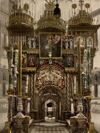El interior del Santo Sepulcro, Jerusalén, Tierra Santa, c.1890-c.1900 (impresión fotocromática) de Detroit Photographic Co.