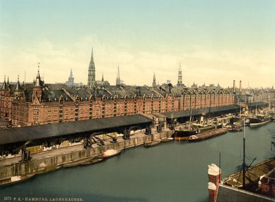 Almacenes en los muelles, Hamburgo, Alemania, Fotochrome Print, c.1900 de Detroit Publishing Co.