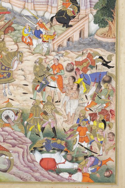 Detalle de Las tropas de Babur toman la fortaleza de Kabul, c.1590-1600 (acuarela opaca y oro sobre papel) de Dhannu & Dharmdas Farrukh