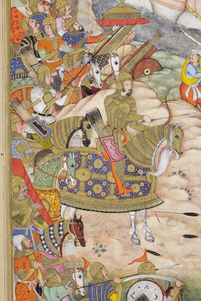(detalle) de las tropas de Babur toman la fortaleza en Kabul, c.1590-1600 de Dhannu, and Dharmdas Farrukh