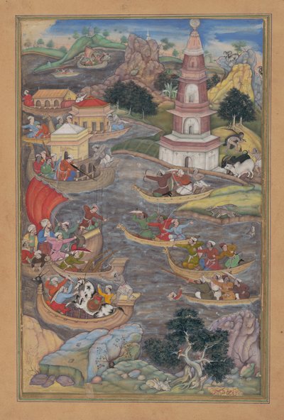 Alejandro lucha una batalla naval, Folio del Quinteto Khamsa de Amir Khusrau Dihlavi, 1597-98 de Dharmadas
