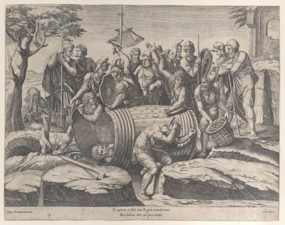 Marcus Atilius Regulus en un barril mientras dos hombres clavan los clavos, varias figuras, 1555-77 de Diana Mantuana