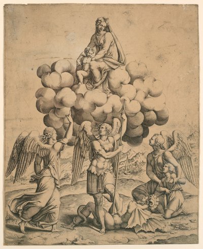 Los arcángeles Miguel, Gabriel y Rafael adorando a la Virgen y el Niño de Diana Mantuana