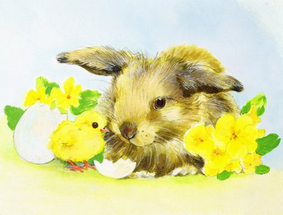 Conejo de Pascua con prímula y pollito de Diane Matthes