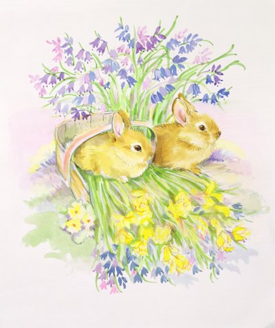 Conejos en una canasta con narcisos y campanillas de Diane Matthes