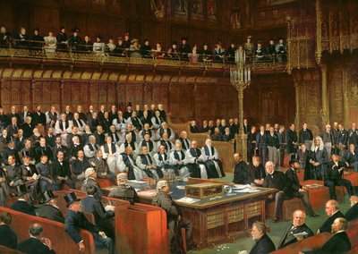 El Debate sobre la Autonomía en la Cámara de los Lores, 1893, el Lord Canciller a punto de plantear la cuestión, 1893 (detalle) de Dickinson and Foster