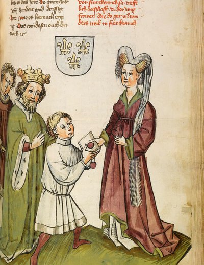 Guerra de los Cien Años (1337-1453): Segismundo I del Sacro Imperio Romano Germánico (1368-1437) conoce a Juana de Arco (1412-1431) - El emperador Segismundo ante Juana de Arco - Miniatura del taller de Diebold Lauber (antes de 1427- después de 1471) del " de Diebold (workshop) Lauber