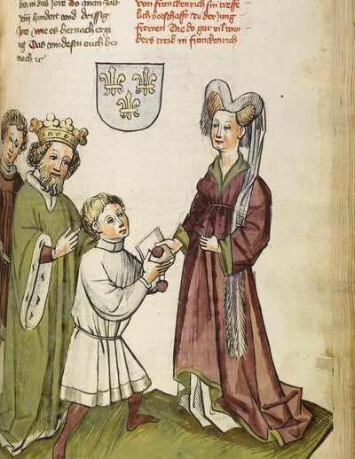El emperador Segismundo ante Juana de Arco. De: La vida y los tiempos del emperador Segismundo por Eberhard Windeck, c. 1450 de Diebold, Lauber