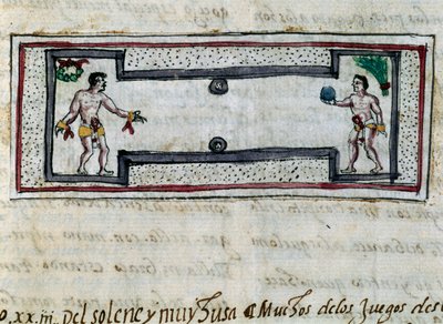 Aztecas jugando al juego de pelota, miniatura de Historia de las Indias por Diego Durán (1537-1588), manuscrito de 1579 de Diego Duran