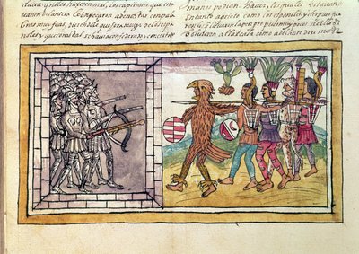 Códice Durán: Pedro de Alvarado (c.1485-1541) compañero de armas de Hernán Cortés (1485-1547) asediado por guerreros aztecas de Diego Duran