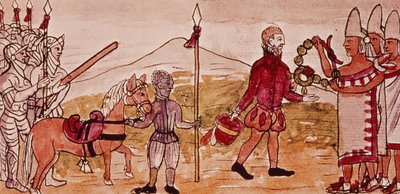 Reunión de Hernando Cortés (1485-1547) y Moctezuma (1466-1520), miniatura de la 