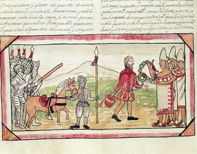 Reunión de Hernando Cortés (1485-1547) y Moctezuma (1466-1520), miniatura de la 