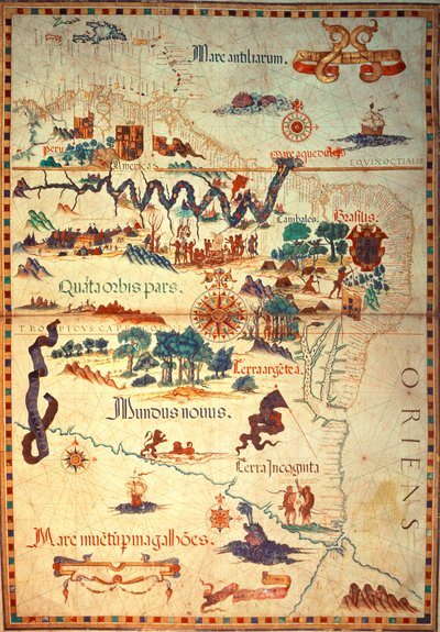 Agregar 5415A f.23v-24 Atlas de Diego Homem de América del Sur, que muestra a los indios en sus asentamientos, campamento de la fuerza expedicionaria española y hombres con armadura, c.1558 de Diego Homem