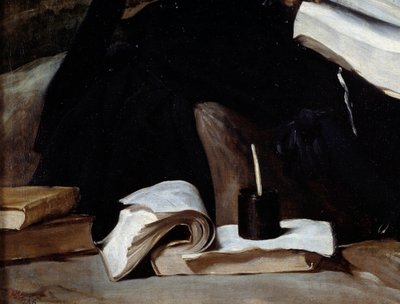 Retrato del bufón Diego de Acedo, llamado el primo, detalle. Libros de Diego Velázquez