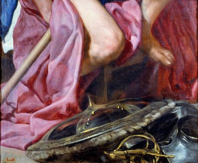 El dios de la guerra Marte, detalle del escudo y la armadura colocados a los pies del dios de Diego Velázquez
