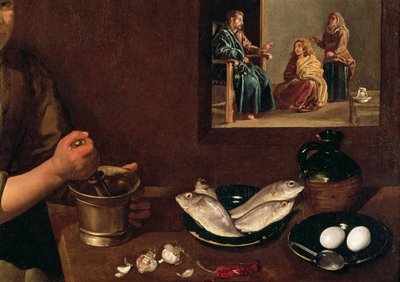 Escena de cocina con Cristo en la casa de Marta y María (detalle de la comida en la mesa con Cristo, Marta y María en el fondo) de Diego Velázquez