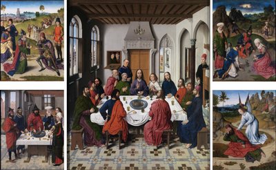 La recolección del maná y la Pascua (anverso izquierda), La última cena (centro), El encuentro de Abraham y Melquisedec y Elías despertado por el ángel (1 Reyes 19:5-6) (anverso derecha). de Dieric Bouts