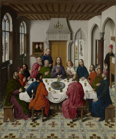 La recolección del maná y la Pascua (anverso izquierda), La última cena (centro), El encuentro de Abraham y Melquisedec y Elías despertado por el ángel (1 Reyes 19:5-6) (anverso derecha). de Dieric Bouts