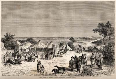 Un campamento tuareg, dibujo de Lancelot, para ilustrar el viaje al centro de África de 1849-1855 del Dr. Henri Barth. Grabado en "Le tour du monde, nouveau journal des voyages" París de Dieudonne Auguste Lancelot