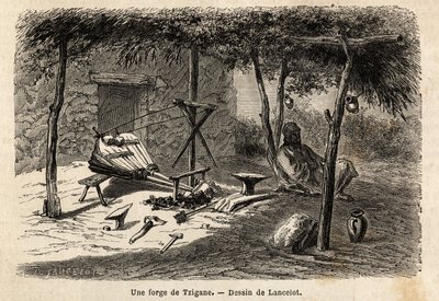 Una fragua gitana en la región de Valaquia, Rumania. Grabado para ilustrar el viaje de París a Bucarest, por Lancelot, dibujante, en 1860, publicado en "Le tour du monde, nouveau journal des voyages", bajo la dirección de Edouard Charton de Dieudonne Auguste Lancelot