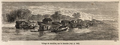 Un pueblo de molinos en el Danubio, dibujo de Lancelot, para ilustrar el viaje de Victor Duruy de París a Bucarest en 1860. Grabado en "Le tour du monde", editado por Edouard Charton de Dieudonne Auguste Lancelot