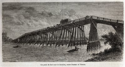 Un puente de madera sobre el Danubio, entre Passau y Viena, dibujo de Lancelot, para ilustrar el viaje de Victor Duruy de París a Bucarest en 1860. Grabado en "Le tour du monde", editado por Edouard Charton de Dieudonne Auguste Lancelot