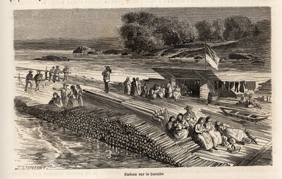 Una balsa de madera en el Danubio, para el transporte de mercancías y personas, dibujo de Lancelot, para ilustrar el viaje de Victor Duruy de París a Bucarest en 1860. Grabado en "Le tour du monde", editado por Edouard Charton de Dieudonne Auguste Lancelot