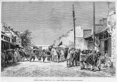 Residencia francesa en Hanói. Grabado de Lancelot, después de una fotografía, para ilustrar la historia Treinta meses en Tonkín en 1884, por el Doctor Hocquard, en Le Tour du monde 1889, dirigido por Edouard Charton (1807-1890), Hachette, París. de Dieudonne Auguste Lancelot