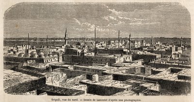 Vista general de Trípoli, dibujo de Lancelot, para ilustrar los paseos tripolitanos, en 1860, del Barón de Krafft. Grabado en “Le tour du monde” 1861. Colección Selva. de Dieudonne Auguste Lancelot