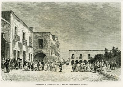 Palacio Municipal de Valladolid. Grabado por Lancelot para ilustrar la historia Mi última expedición al Yucatán, por Désiré Charnay, en le tour du monde 1887, dirigido por Edouard Charton (1807-1890), Hachette, París. de Dieudonne Auguste Lancelot