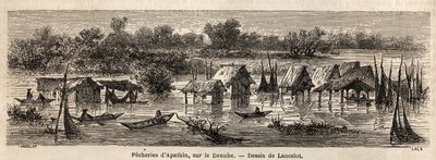 Las pesquerías de Apathin (Serbia), en el Danubio. Dibujo de Lancelot para ilustrar su viaje de París a Bucarest en 1860. Grabado en 