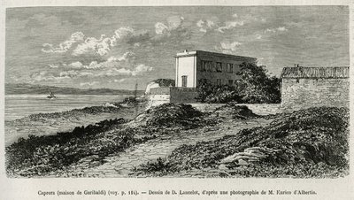 La casa de Giuseppe Garibaldi (1807-1882) en La Caprera (Cerdeña), grabado según un dibujo de D.Lancelot, para ilustrar la historia de Siria hoy, por el Sr.Lortet, decano de la Facultad de Medicina de Lyon, encargado de una misión científica por el Ministe de Dieudonne Auguste Lancelot