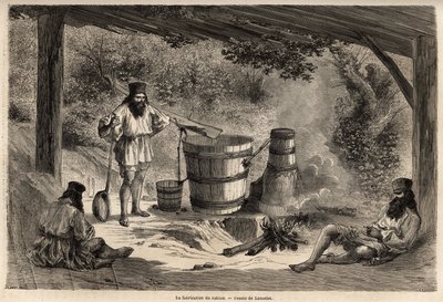 La fabricación de rakiou, alcohol de cereal, una especie de aguardiente muy común en Rumania. Grabado para ilustrar el viaje de París a Bucarest, por Lancelot, dibujante, en 1860, publicado en “Le tour du monde, nouveau journal des voyages”, bajo la direcc de Dieudonne Auguste Lancelot