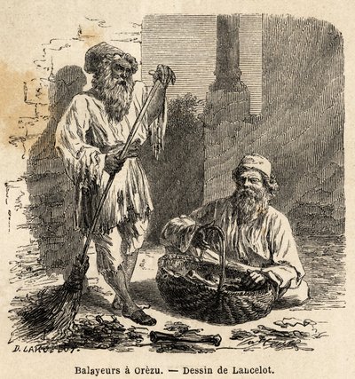 Los barrenderos en Orezu (Rumania). Grabado para ilustrar el viaje de París a Bucarest, por Lancelot, dibujante, en 1860, publicado en “Le tour du monde, nouveau journal des voyages”, bajo la dirección de Edouard Charton de Dieudonne Auguste Lancelot