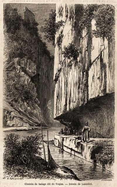 El camino de sirga en las orillas del Danubio, excavado en la pared rocosa, también llamado el camino de Trajano, que lo hizo perforar para su expedición contra los dacios del norte del Danubio de Dieudonne Auguste Lancelot
