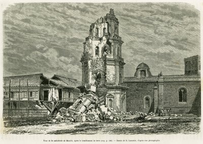 Torre de la Catedral de Manila, después del terremoto del 18 de julio de 1880. Grabado de Lancelot para ilustrar la historia 