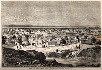 Vista de Kano (ciudad y estado al norte de la actual Nigeria), almacén del Sudán central, dibujo de Lancelot, para ilustrar el viaje de 1849-1855, al centro de África del Dr. Henri Barth. Grabado en “Le tour du monde, nouveau journal des voyages” de Dieudonne Auguste Lancelot