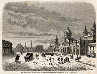 Vista de una plaza en Santiago (Chile), dibujo de Lancelot, para ilustrar el viaje a Sudamérica, en 1823, de Giovanni Mastai Ferretti (1792-1878, futuro Pío IX). Grabado en 