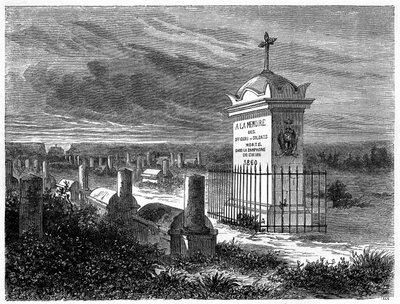 Vista del Cementerio Francés en Pekín (Beijing), China. Grabado después de un dibujo de Lancelot, en 