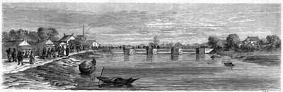 Vista del puente sobre el río Suzhou cerca de Shanghái en 1860, China. Grabado por Lancelot, en “Le Tour du Monde, Nouveau journal des Voyages”, editado por Edouard Charton, París de Dieudonne Auguste Lancelot