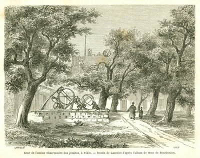 Vista del patio del antiguo Observatorio Jesuita en Pekín (Beijing), China. Grabado por Lancelot, en “Le Tour du Monde, Nouveau journal des Voyages”, editado por Edouard Charton, París de Dieudonne Auguste Lancelot
