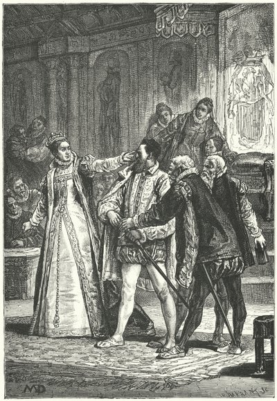 El Conde de Essex amenazando con desenvainar su espada después de que la Reina Isabel I lo abofeteara por su insolencia, 1598 de Diogene Ulysse Napoleon Maillart