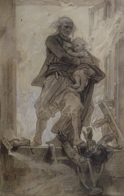 El marqués de Lantenac salvando a un niño, ilustración de Noventa y tres de Victor Hugo (1802-85) de Diogene Ulysse Napoleon Maillart