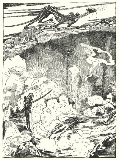 "Vimos a los cachorros de dragón bajar al estanque a beber y limpiarse" (grabado) de Dion Clayton Calthrop