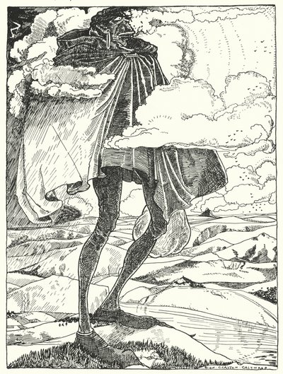 "Vimos al gigante caminar sobre las cimas de las colinas, llevando su cena en una bolsa" (grabado) de Dion Clayton Calthrop