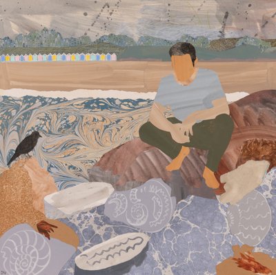 Chozas de playa y fósiles (collage) de Dione Verulam