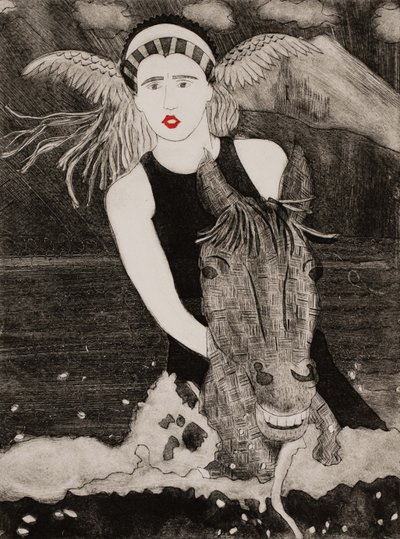 Brunnhilde y Grane, Ciclo del Anillo de Wagner, 2024 (collagraph) de Dione Verulam