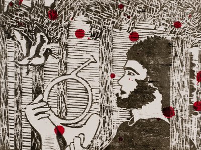 Sigfrido, los pájaros carpinteros y la sangre del dragón, Ciclo del Anillo de Wagner, 2024 (xilografía) de Dione Verulam